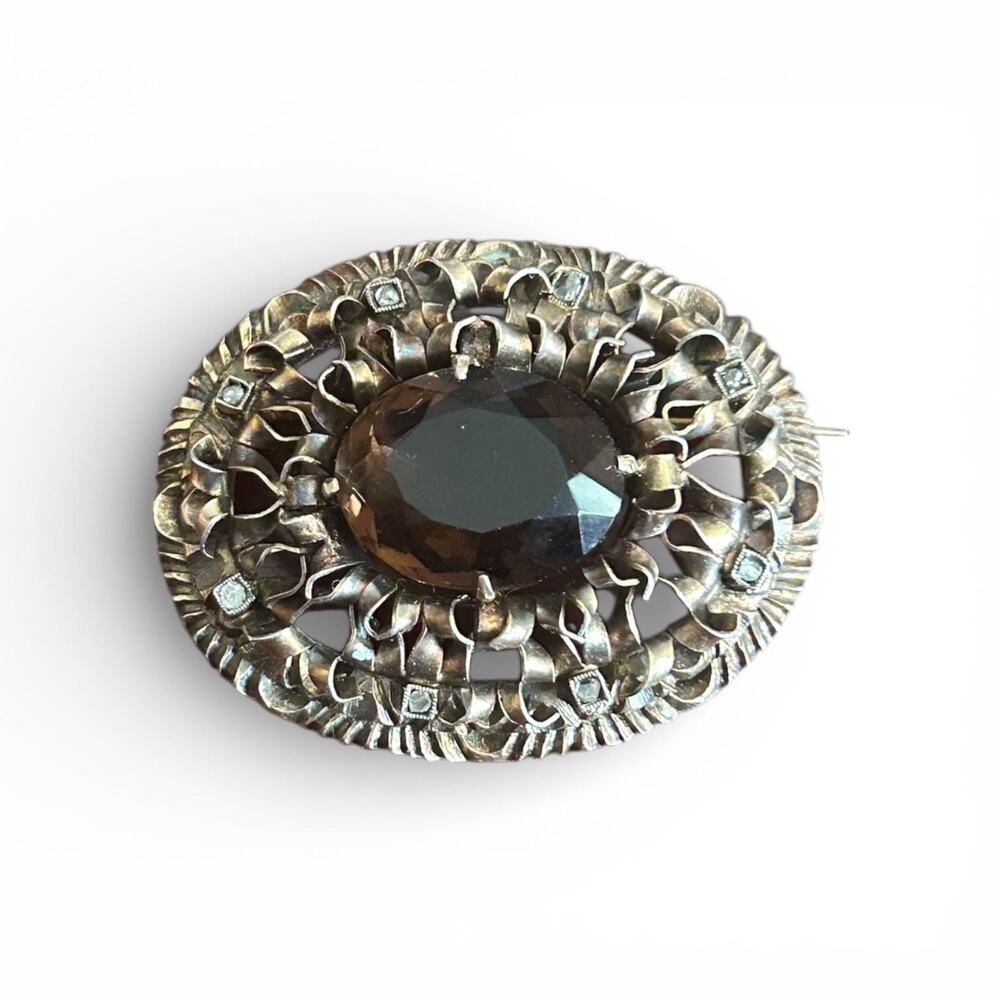 Victorian Smoky Glass Brooch – Gold Tone Openwork, Paste Accents